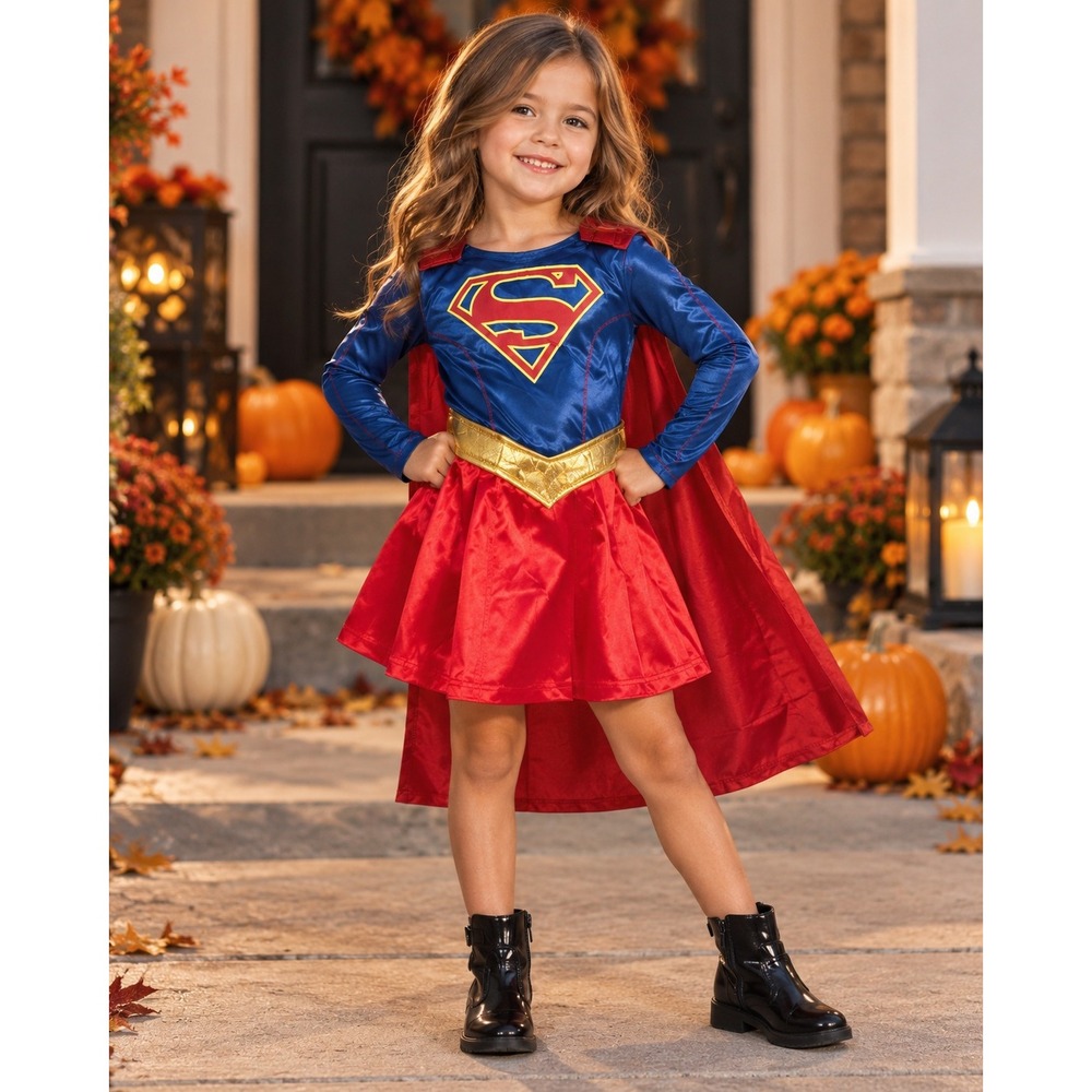 Supergirl DC Comics Costume Kids Small 4-6 Dress Cape Belt Blue Red Rubies
